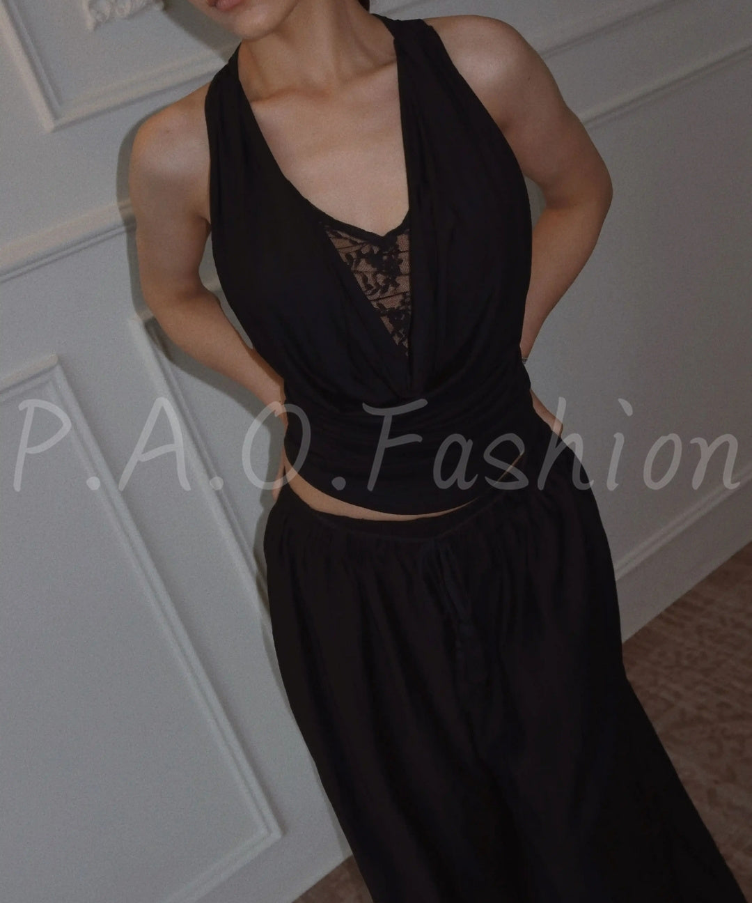 Lace Panel Cowl-Neck Tank