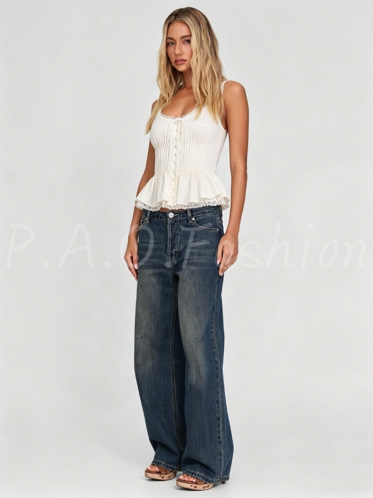 Lace Trim Shirred Peplum Cami Top