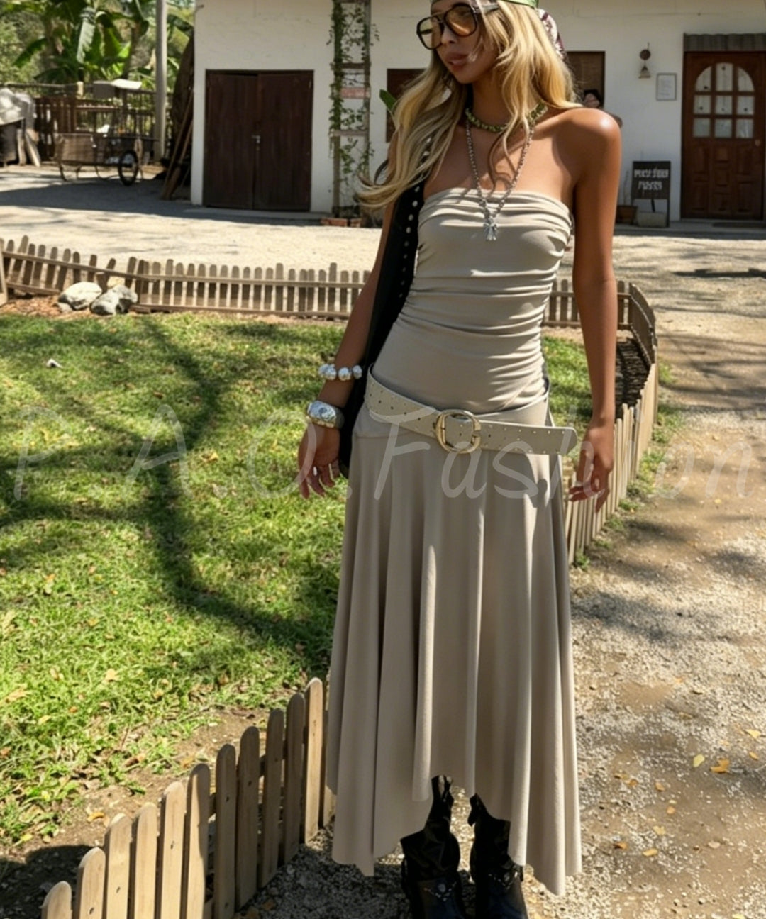 Strapless Ruched Belted Maxi Dress[Available Now]