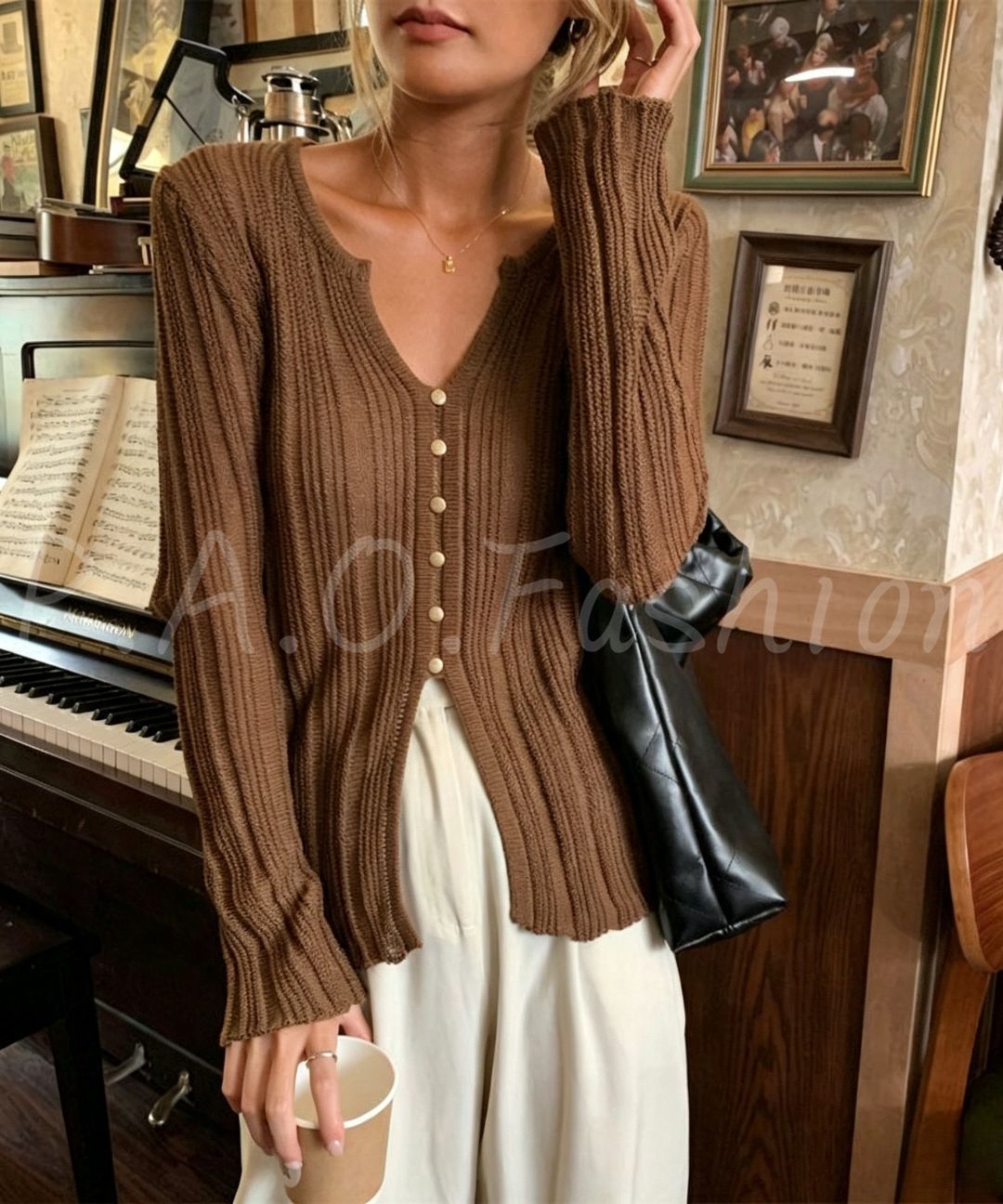 Ribbed V-Neck Button Knit Cardigan