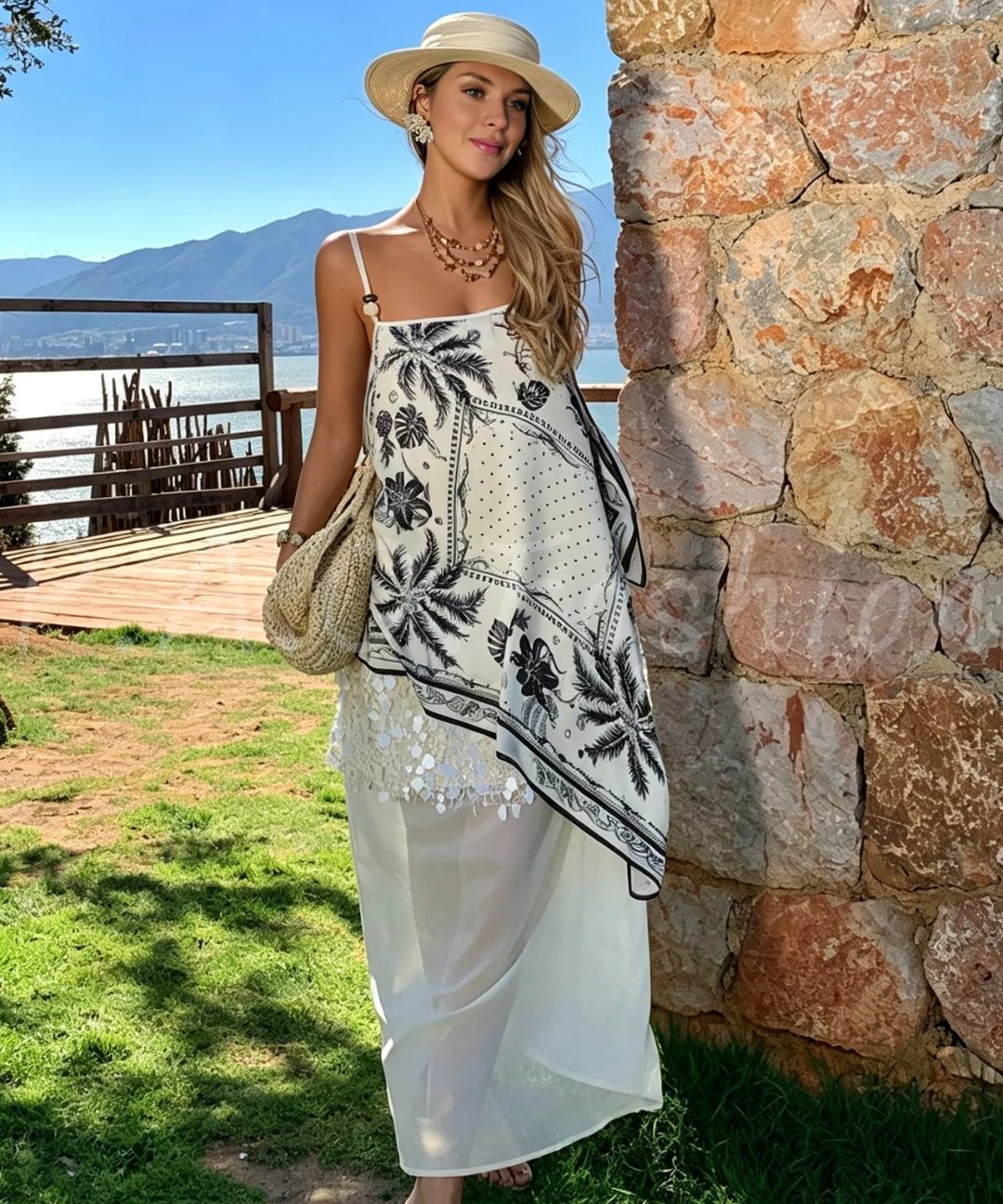 Tropical Palm Print Sequin Patchwork Strappy Resort Maxi Dress