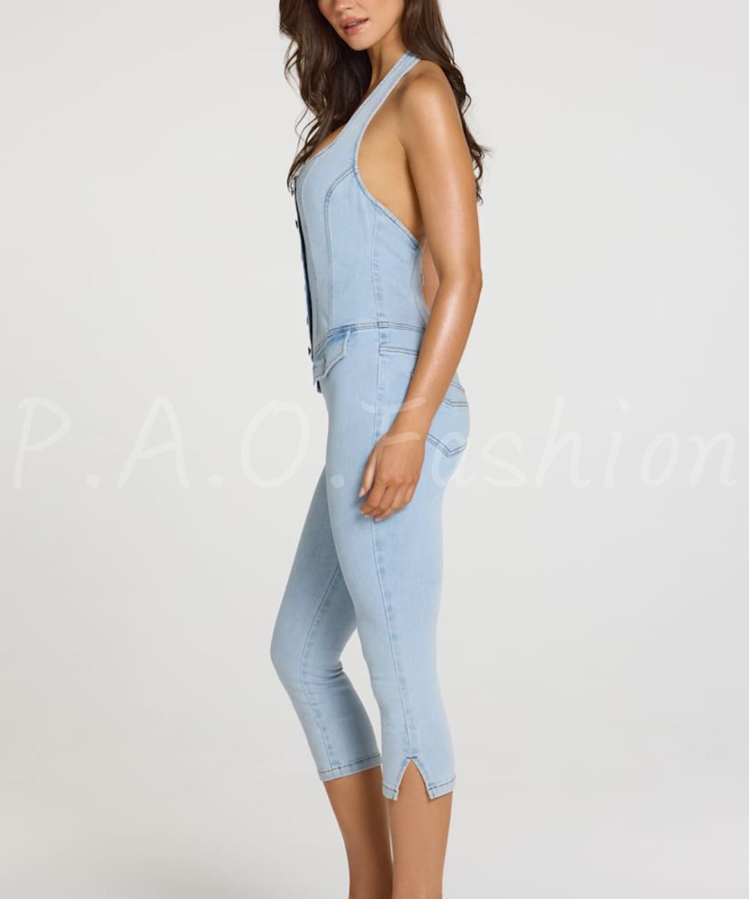 Halter Denim Capri Jumpsuit