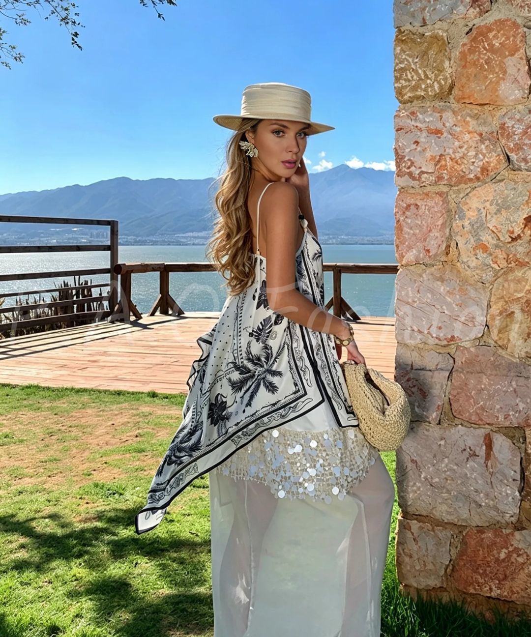 Tropical Palm Print Sequin Patchwork Strappy Resort Maxi Dress
