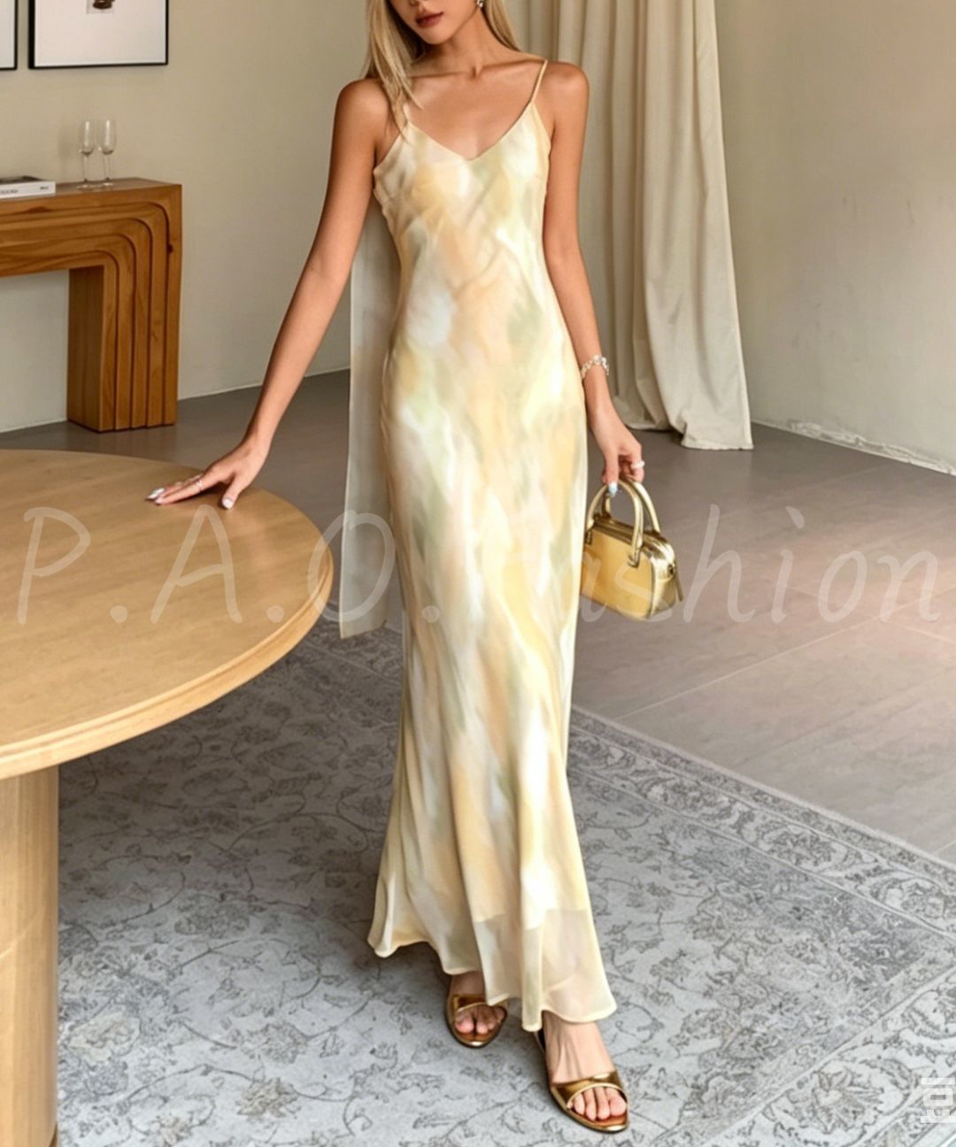 Watercolor Print Scarf-Tie Mermaid Maxi Dress