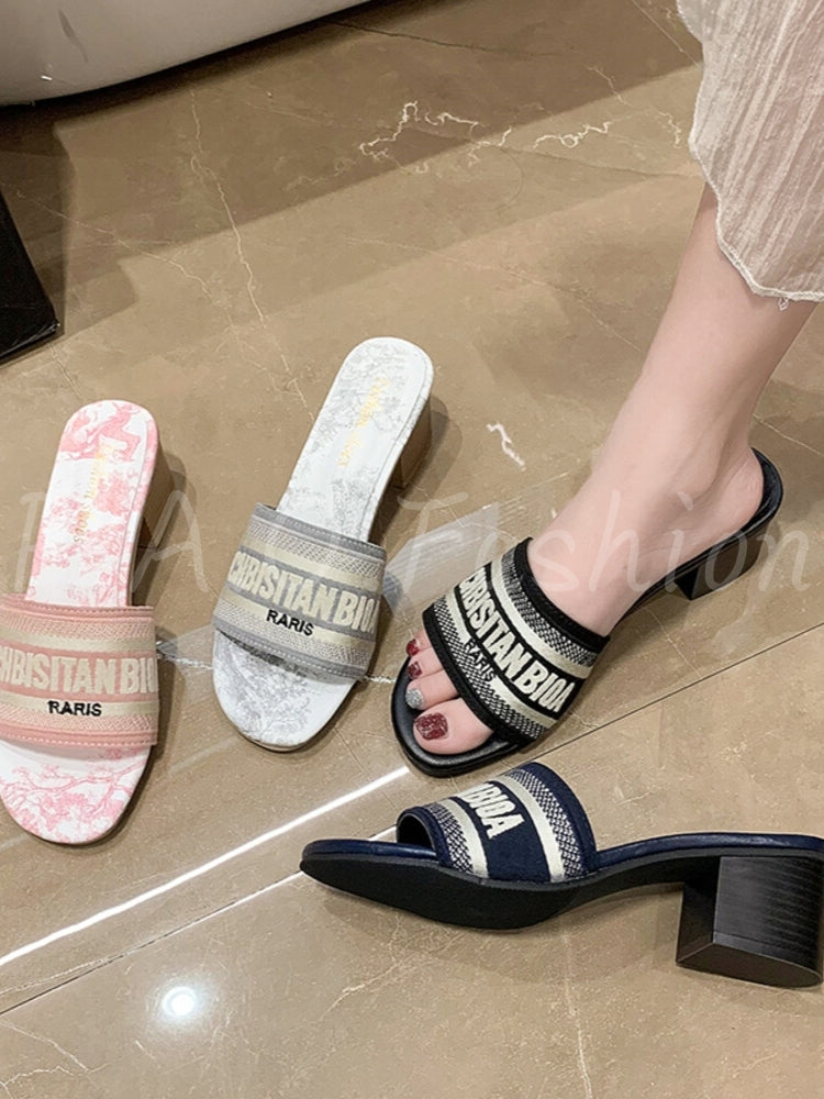 Embroidered Square-Toe Block Heel Slide Sandals