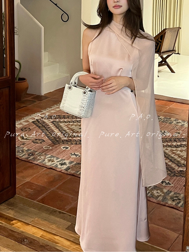 Asymmetric Satin Ribbon Mermaid Maxi Dress