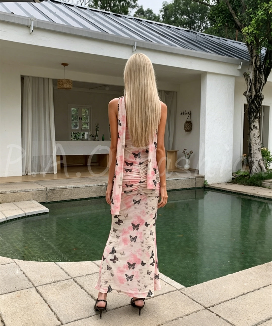 Butterfly Print Draped Scarf Mermaid Maxi Dress