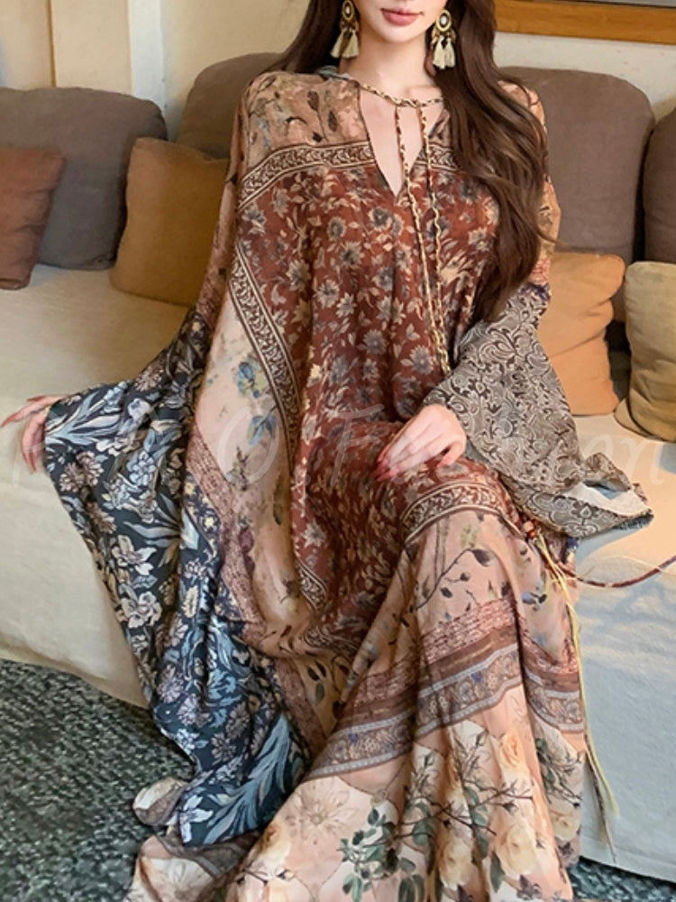 Boho Print Tassel Halter Flowy Maxi Dress