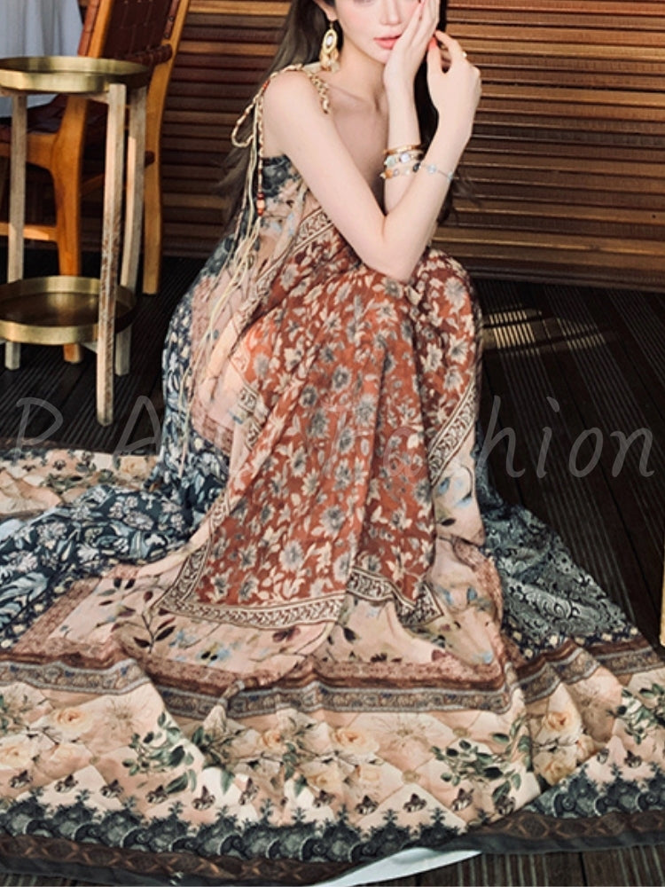 Boho Print Tassel Halter Flowy Maxi Dress