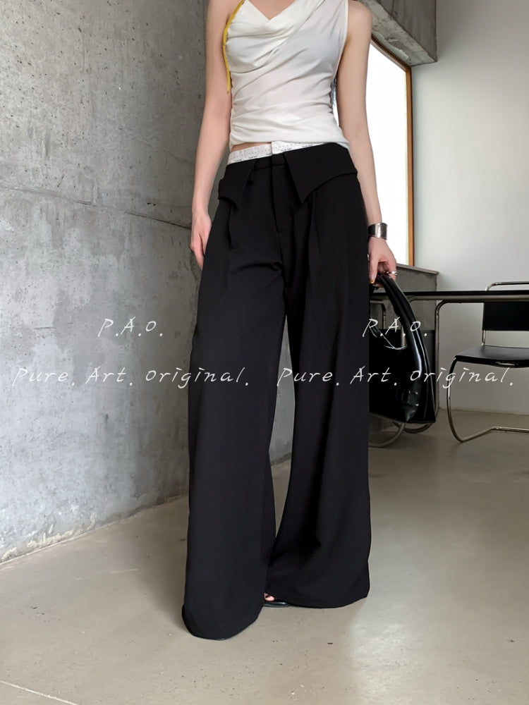 Contrast Fold-Over Wide-Leg Pants