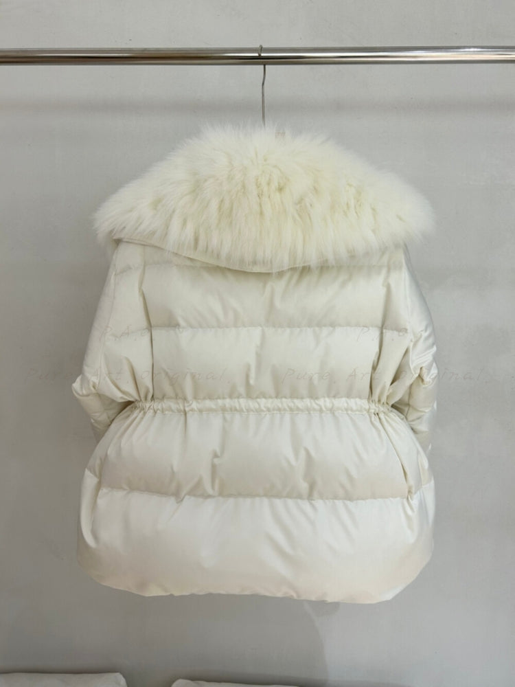 Warm Down Jacket with Turn-Down Collar & Detachable Fur Trim