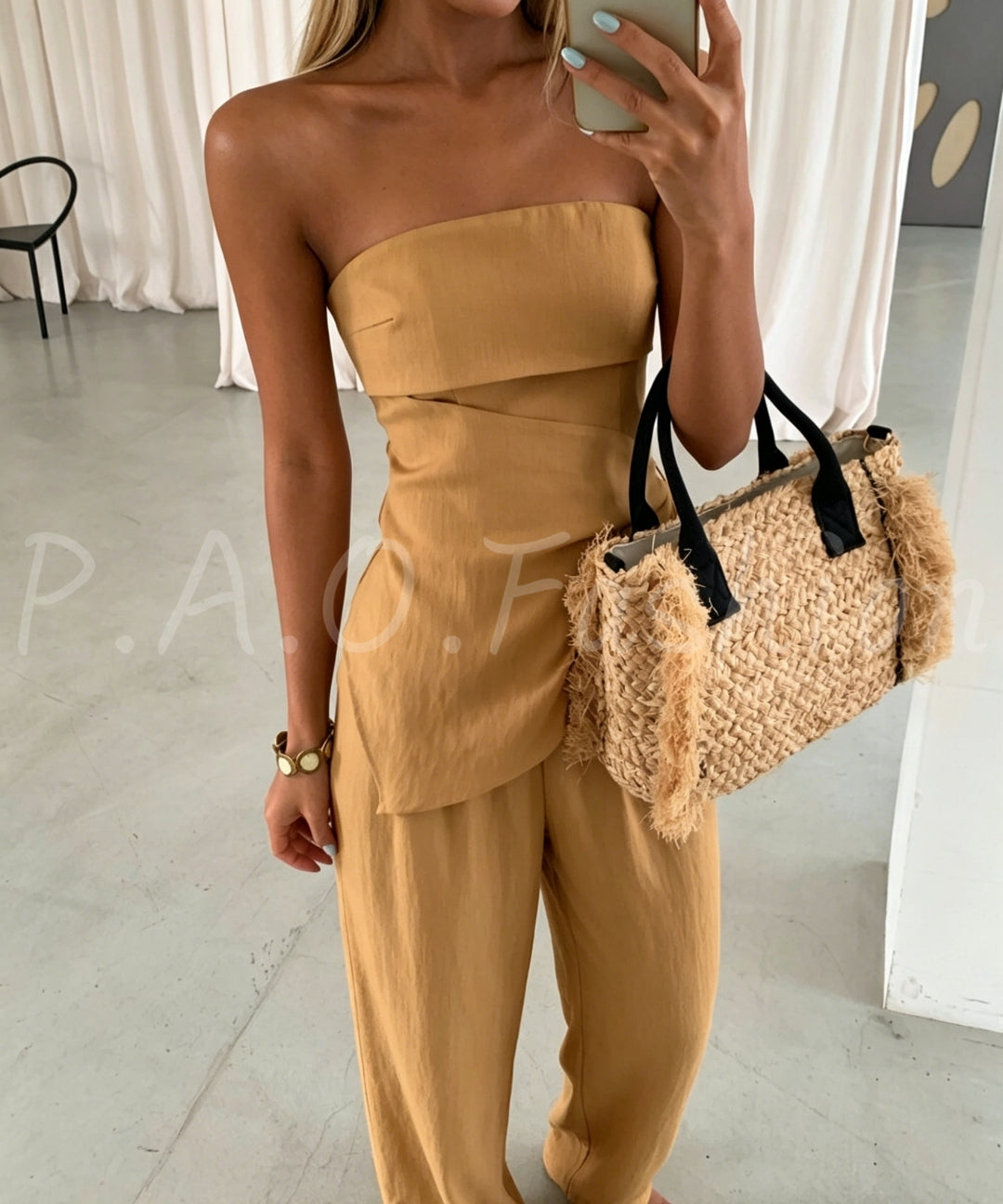 Twist-Front Strapless Wide-Leg Pants Set[Available Now]