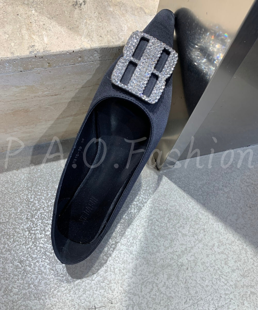 Pointed-Toe Satin Flats with Rhinestone Buckle