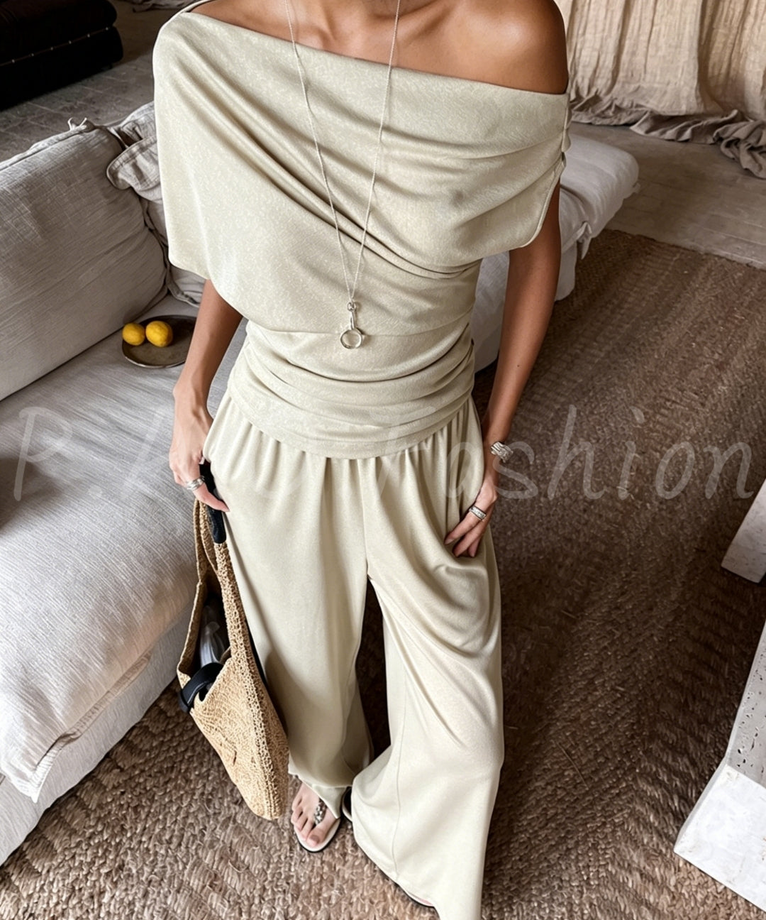 Tencel-Blend Asymmetric Draped Top & Wide-Leg Pants Set[Available Now]