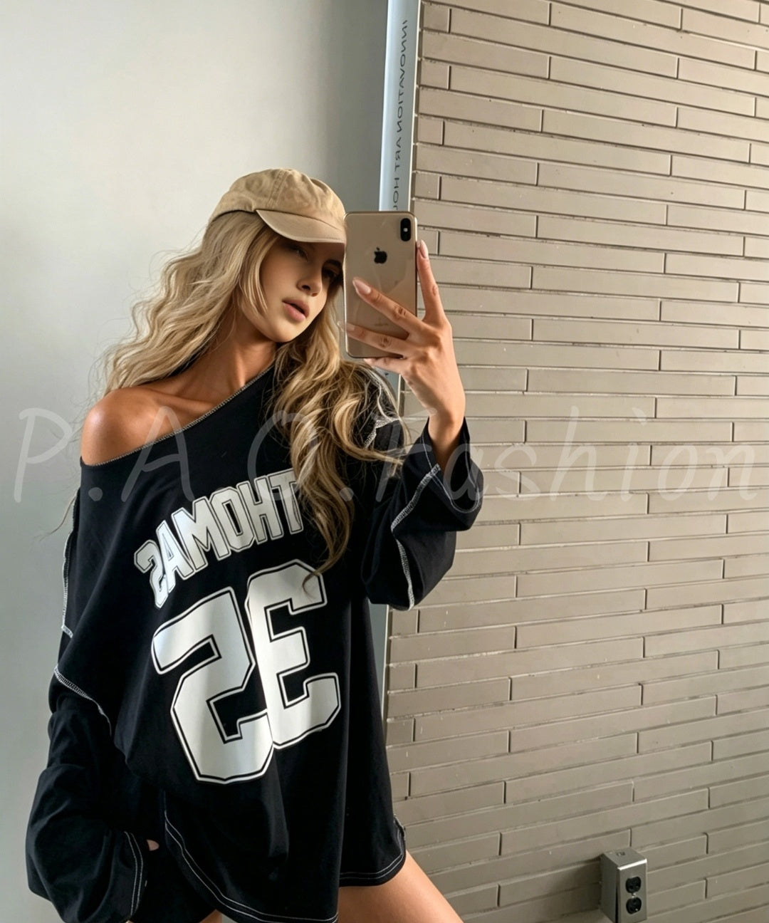 Vintage Varsity Off-Shoulder Oversized Long Sleeve Tee