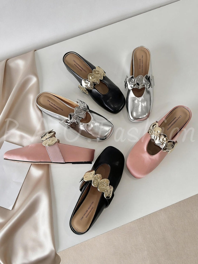 French Vintage Square-Toe Metal Accent Mule Flats