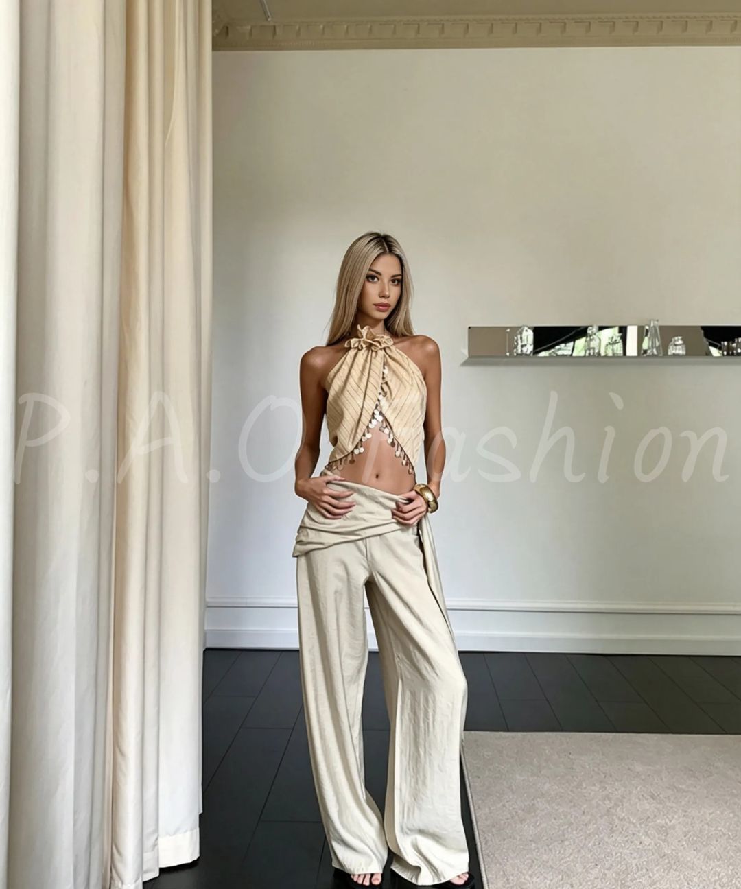 Textured Halter Flower Top & Wide-Leg Pants Set
