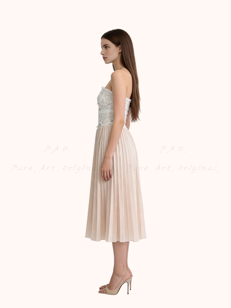 Lace Trim Pleated Strapless Midi Dress