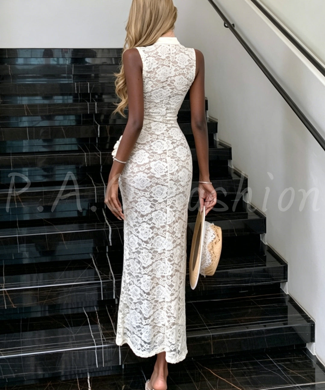 Lace Waist-Tie Slit Maxi Dress