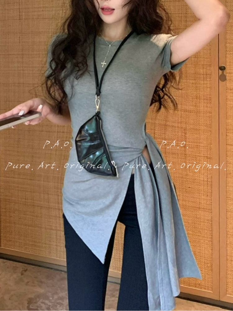 Side Ruched Tie-Up Crop Tee