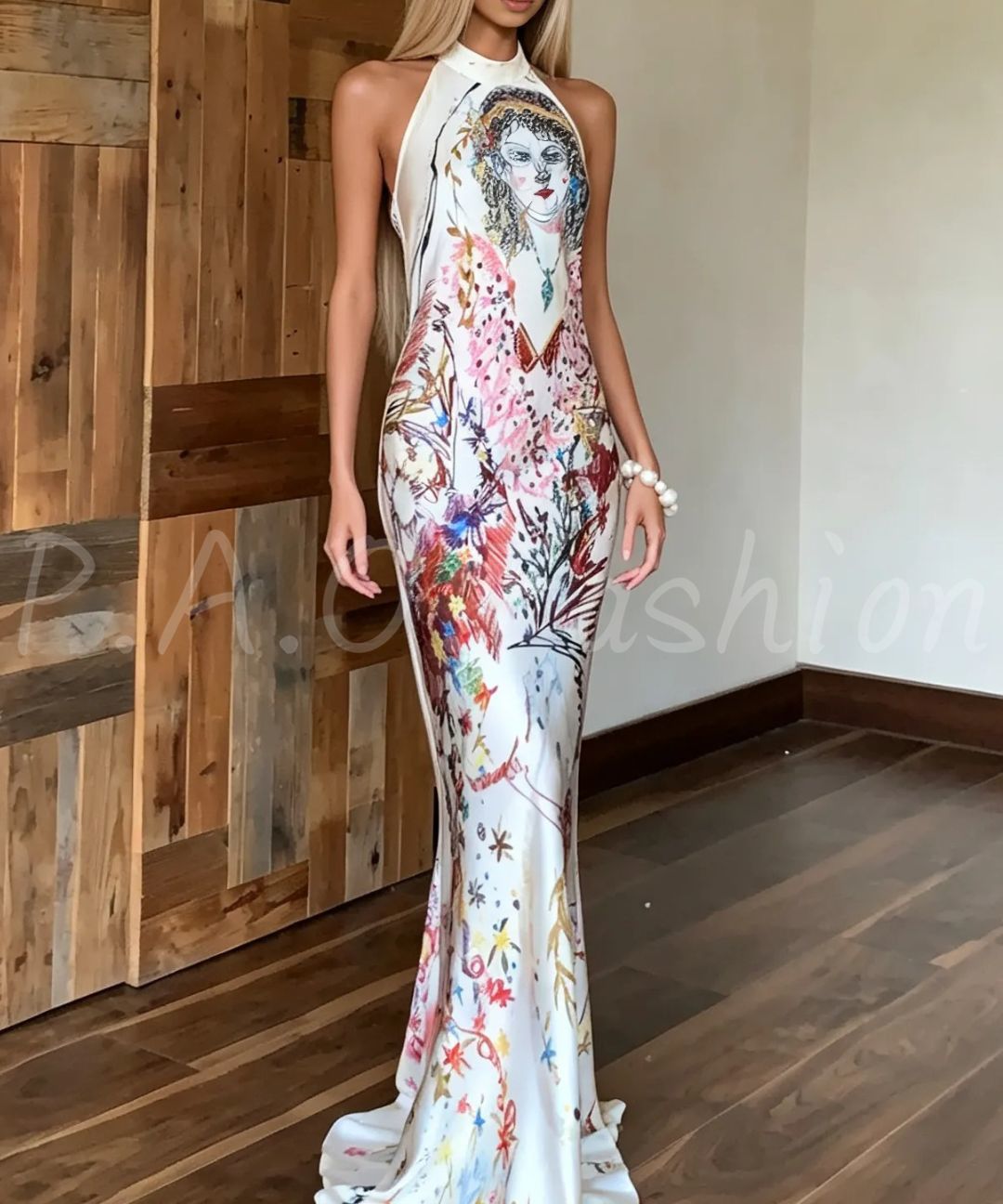"Seydoux's Sketchbook" Halter Mermaid Maxi Dress