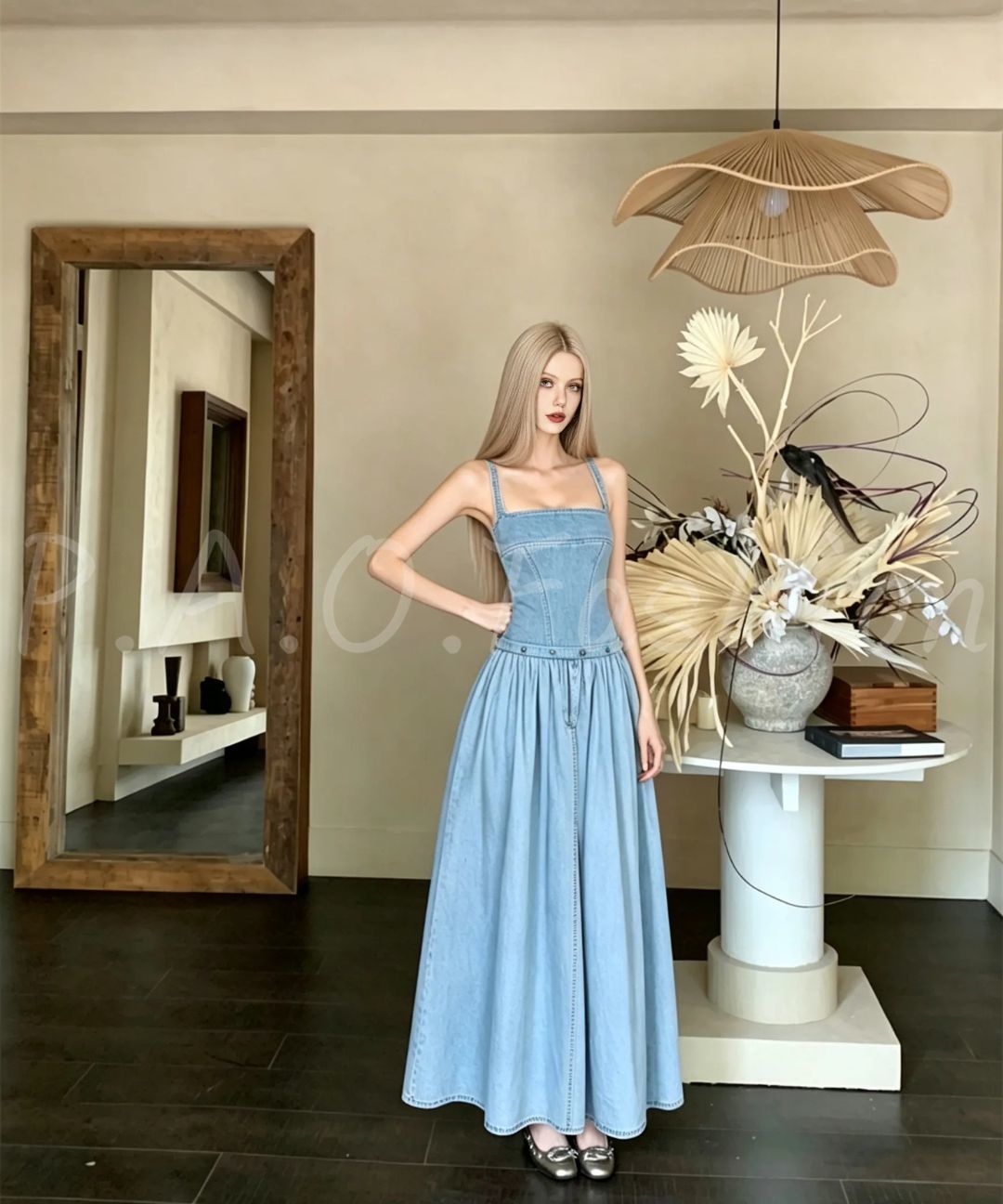 Vintage Washed Square Neck Maxi Dress with Belt