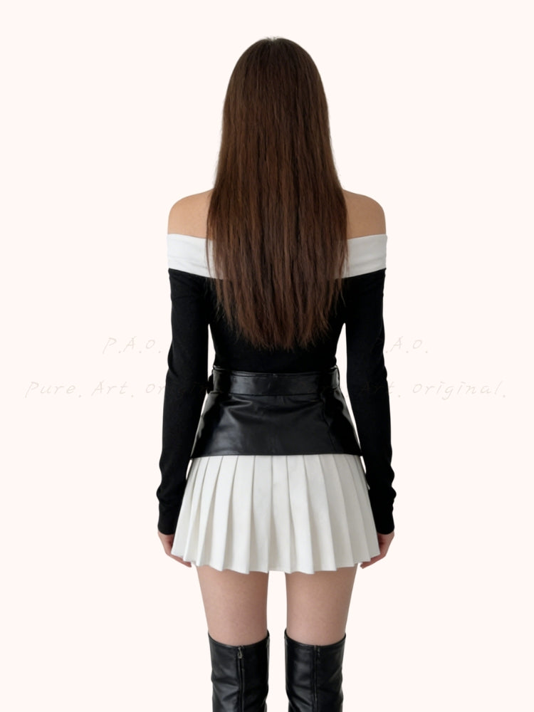 Contrast Off-Shoulder Halter Top & Pleated Skirt Set