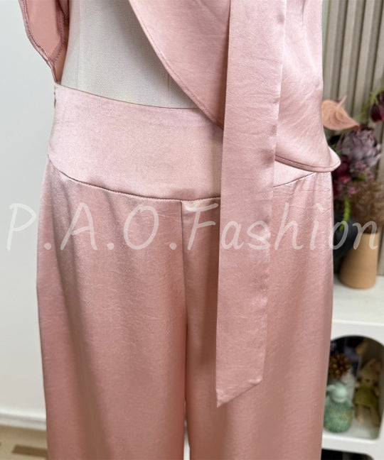 Satin Halter Scarf Top & Wide-Leg Pants Set