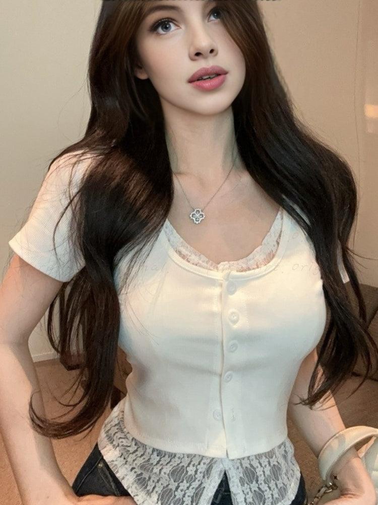 Lace Trim Two-Layer Look Short Sleeve T-Shirt