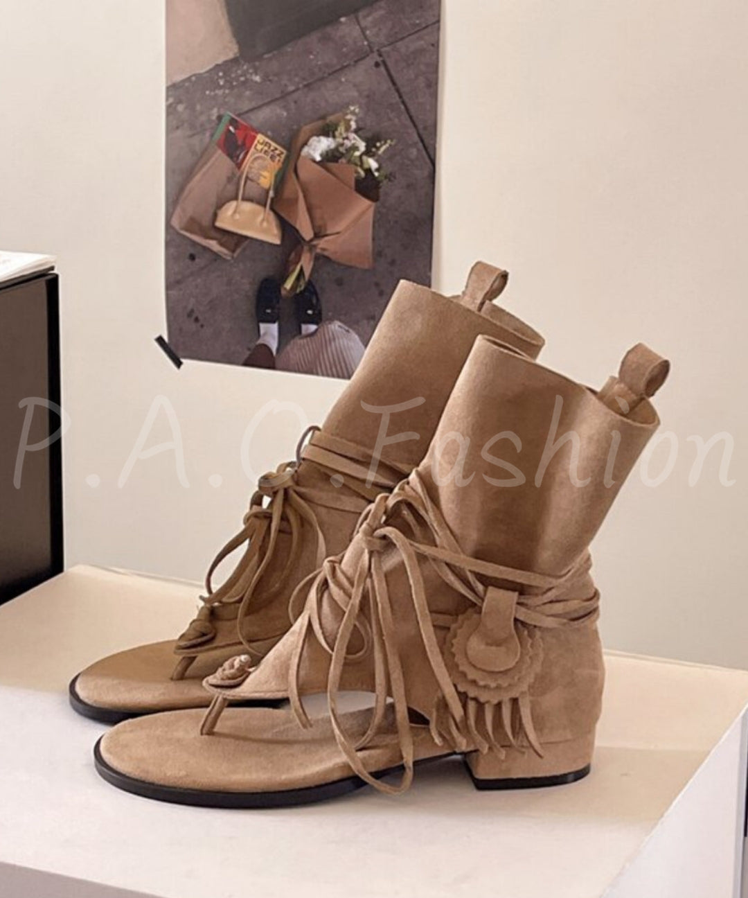 Fringe Toe-Loop Ankle Sandal Boots