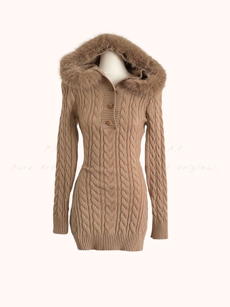 Eco Faux Fox Fur Hooded Knit Mini Dress