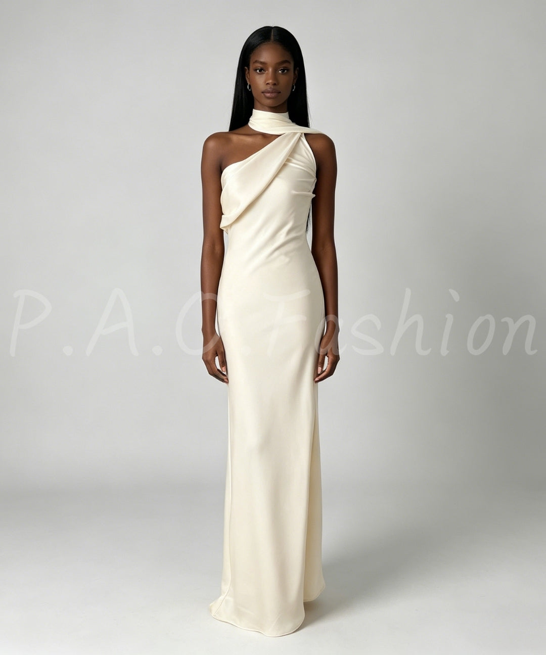 One-Shoulder Satin Slip Dress with Sash & Side Slit[Available Now]