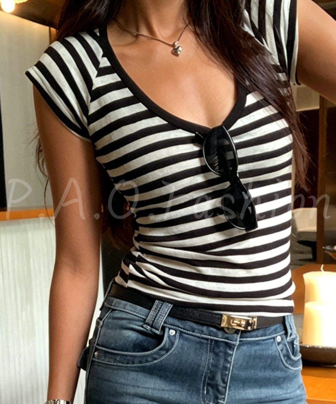 Striped V-Neck Knit Top
