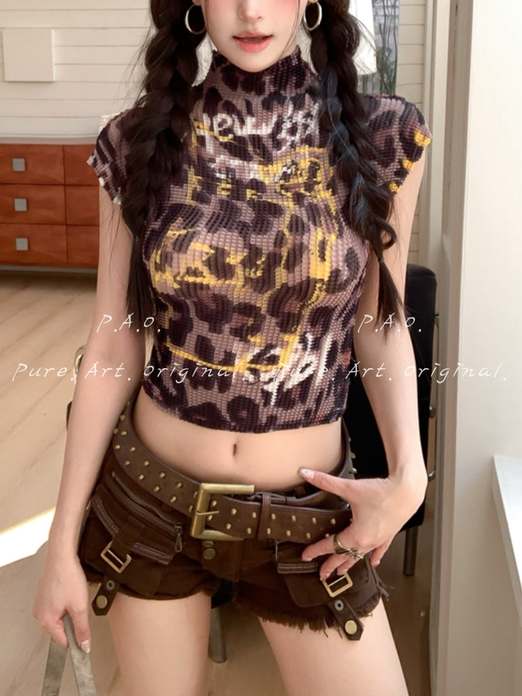Leopard Print Ruched Mock Neck Crop Top