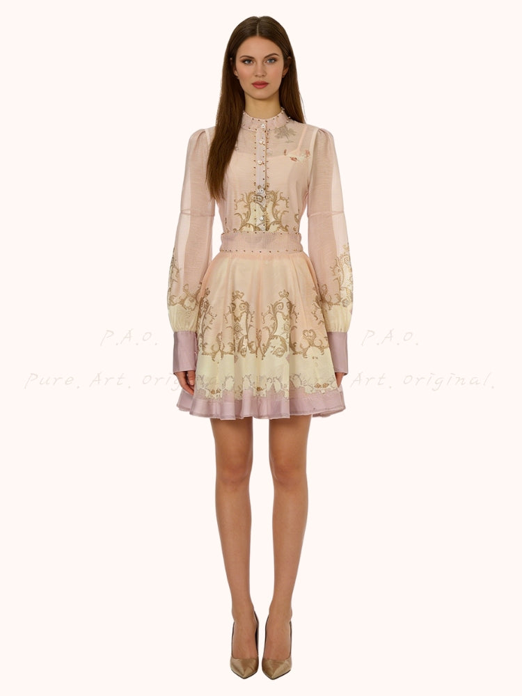 Vintage Print Collar Top & Flared Mini Skirt 3-Piece Set