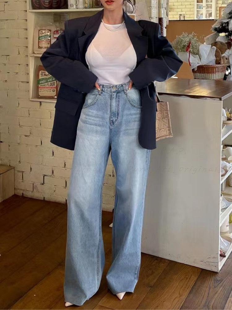 Vintage High-Waist Heart Print Washed Wide-Leg Jeans