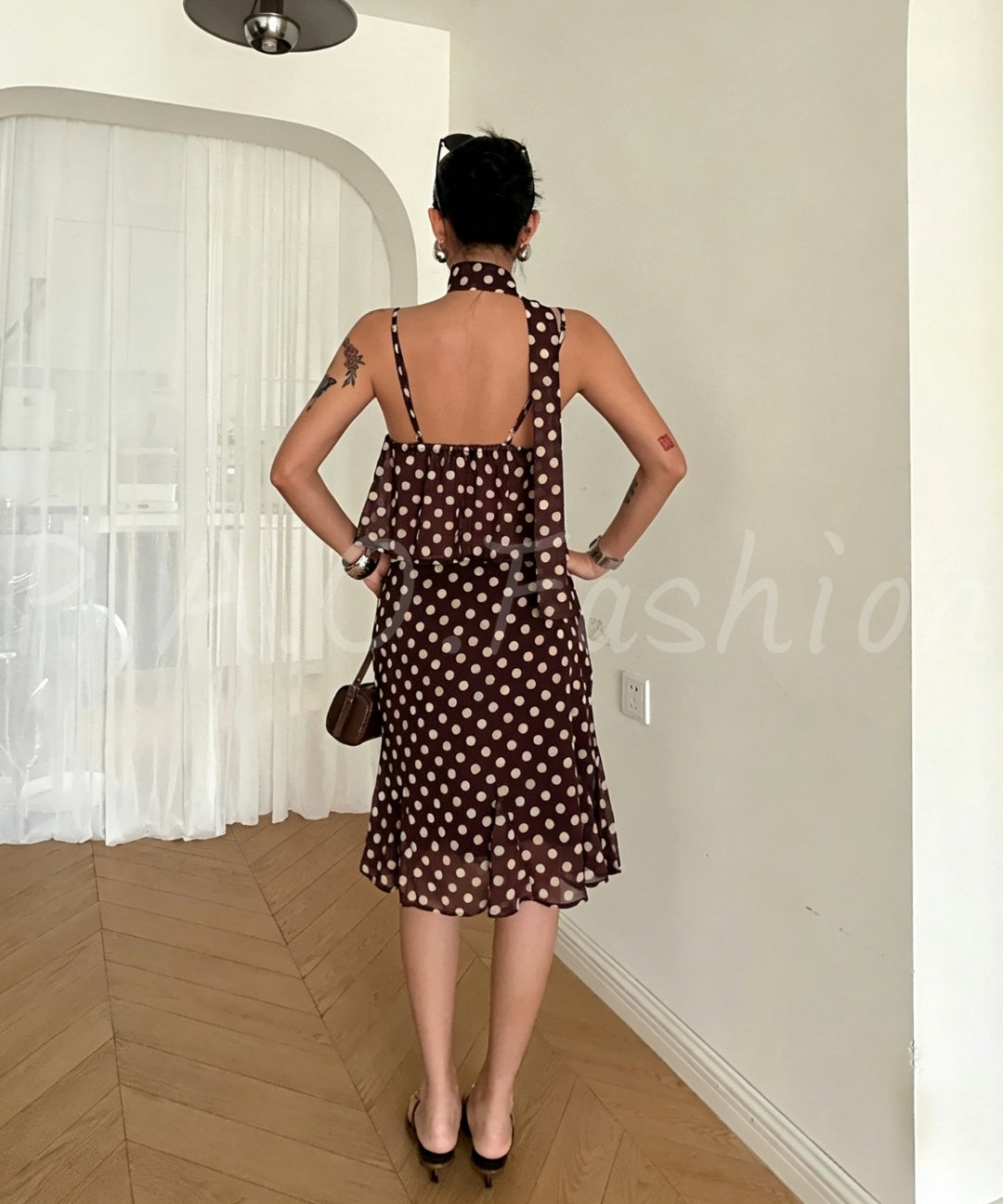 Vacation-Inspired Polka Dot Chiffon Three-Piece Set