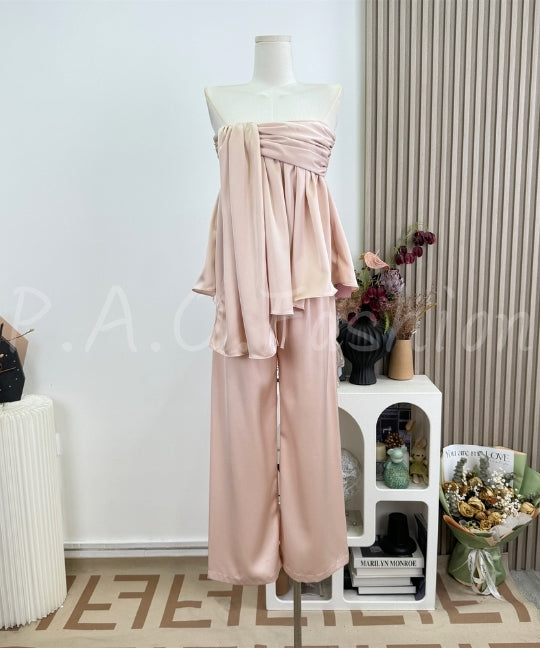 Twist Bandeau Satin Top & Wide-Leg Pants Set