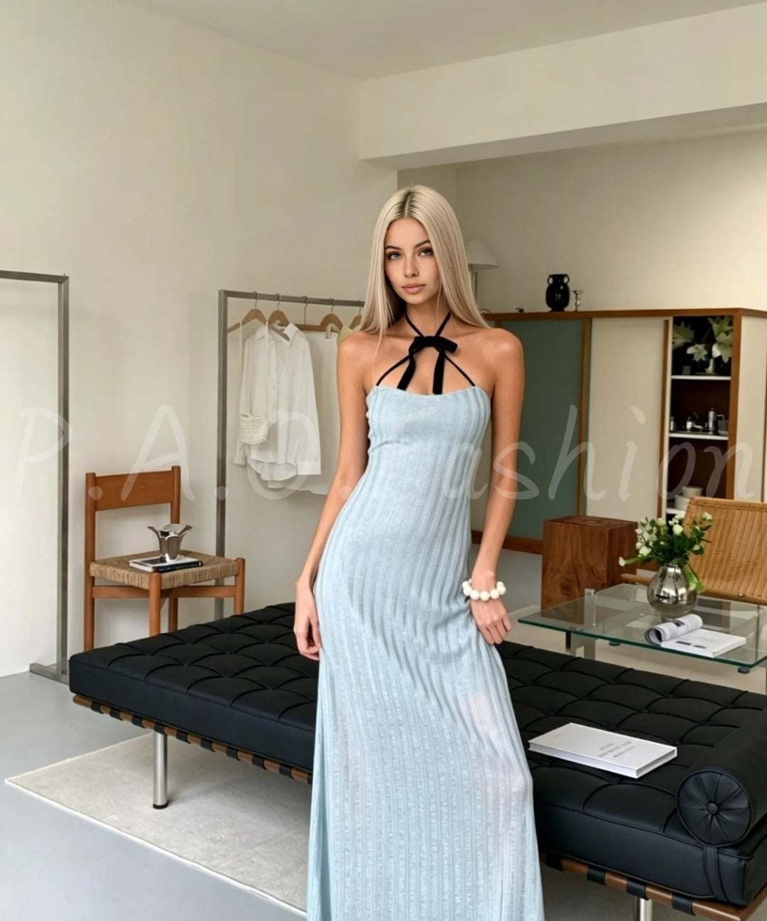 Bow Halter Ribbed Knit Mermaid Maxi Dress