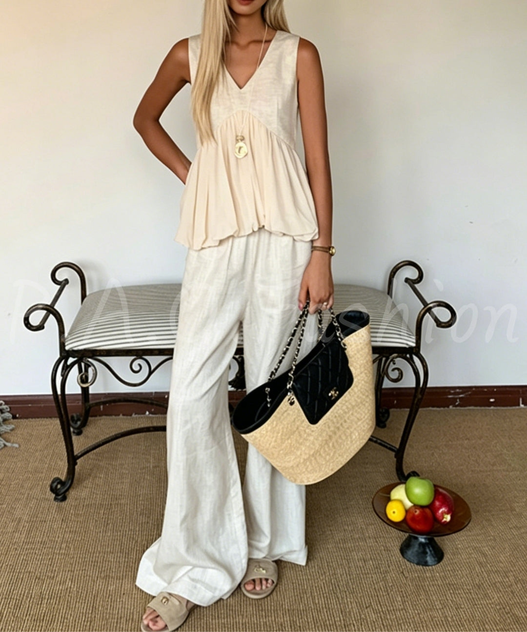 Cotton-Linen Blend V-Neck Sleeveless Top & Wide-Leg Pants Set[Available Now]
