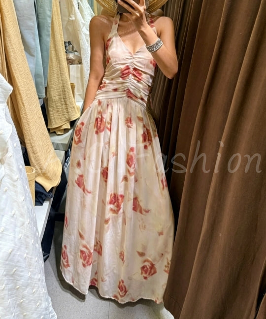 Floral Halter V-Neck Maxi Dress
