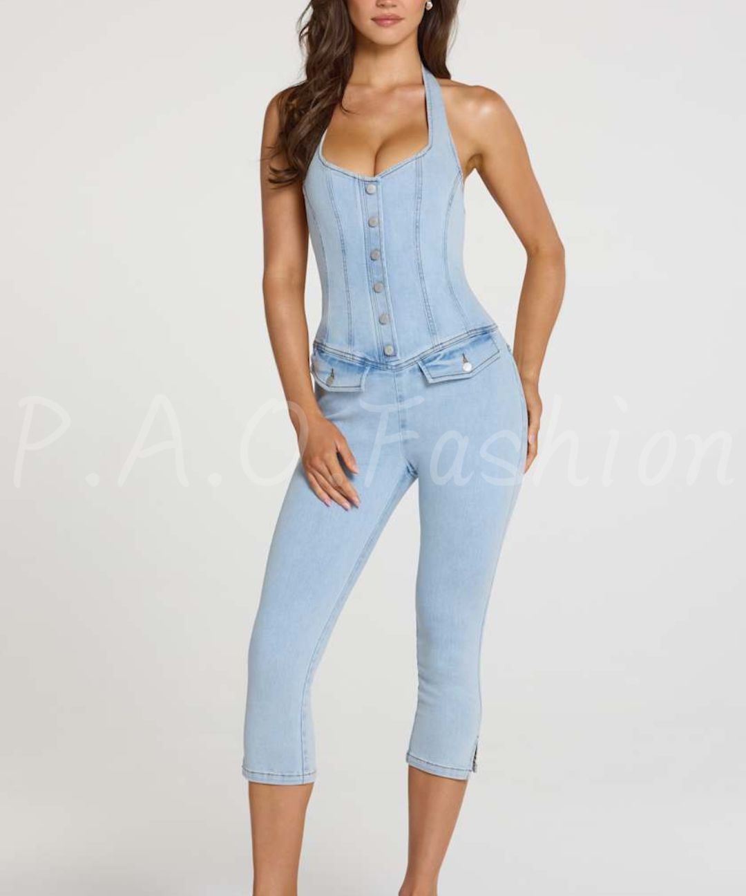 Halter Denim Capri Jumpsuit