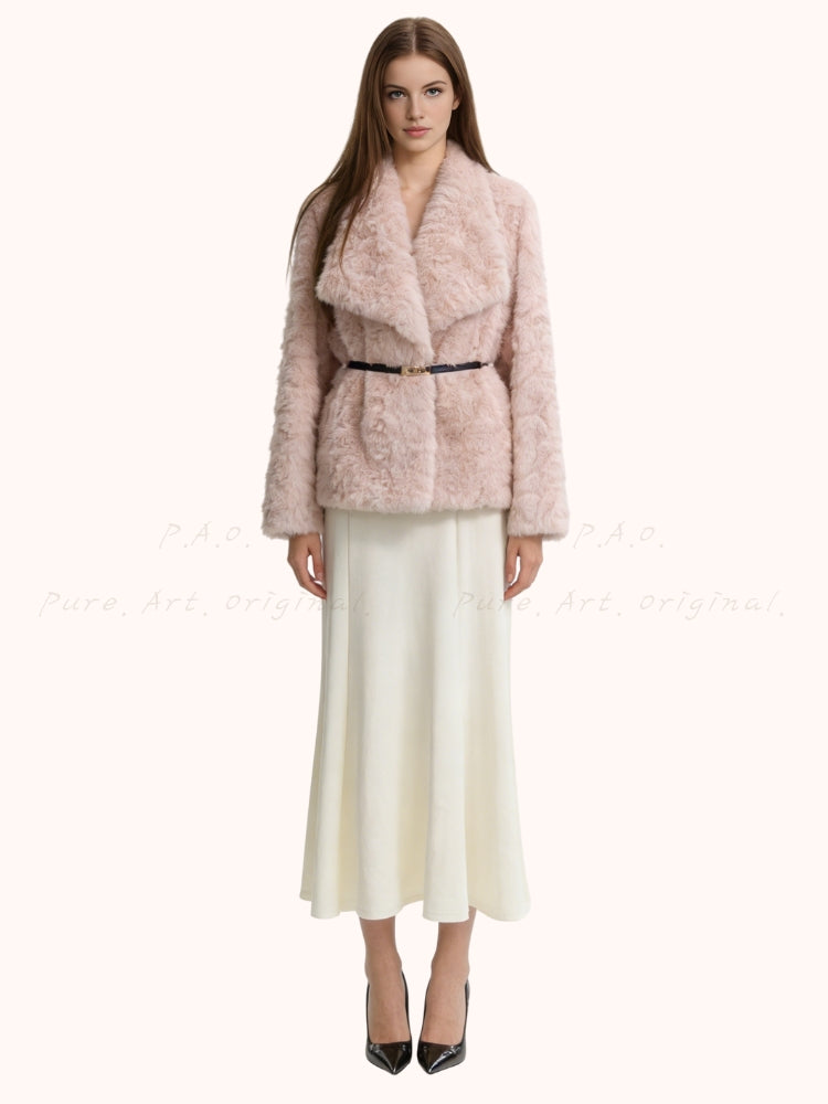 Soft Gold Mink Faux Fur Short Coat with Large Collar