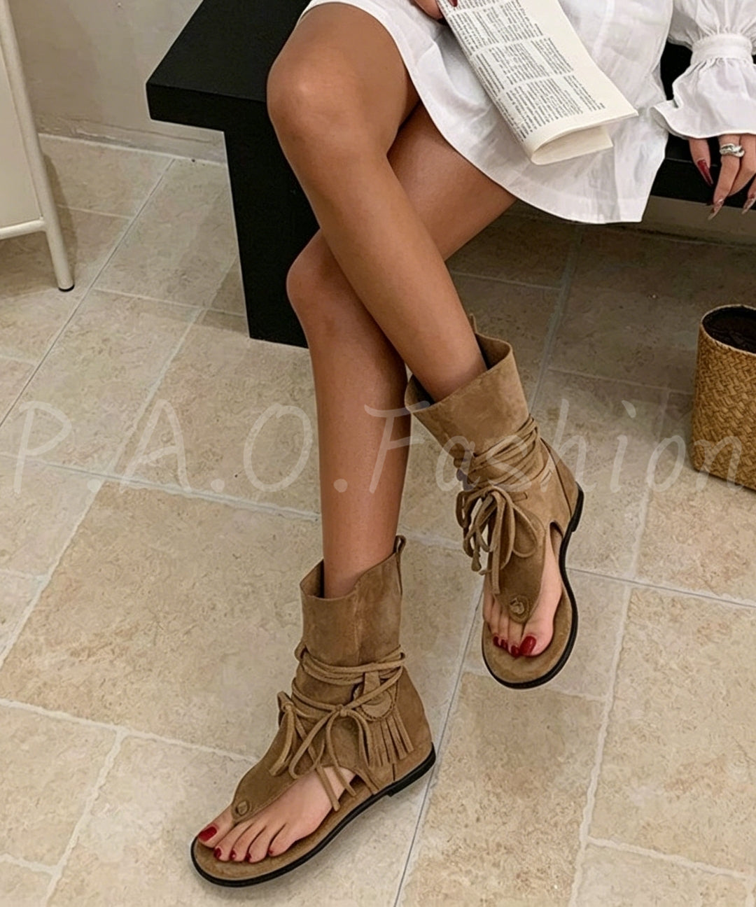 Fringe Toe-Loop Ankle Sandal Boots