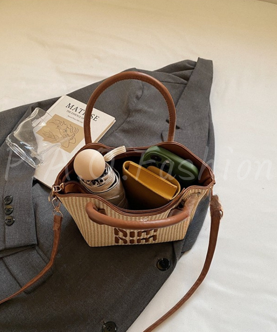 Woven Straw Contrast Crossbody Tote Bag