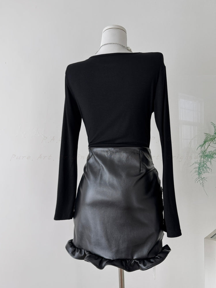 Faux Leather Panel Twist Front Mini Dress