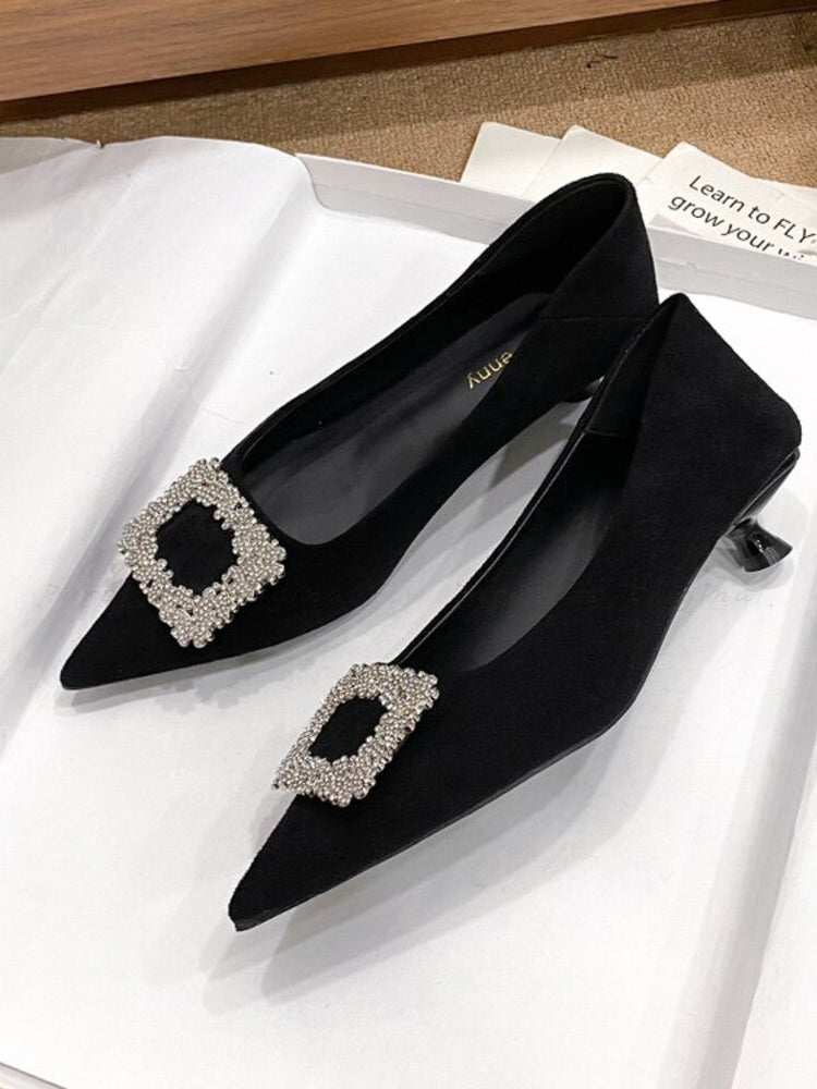 French-Style Pointed-Toe Suede Mid-Heel Shoes with Rhinestone Detail