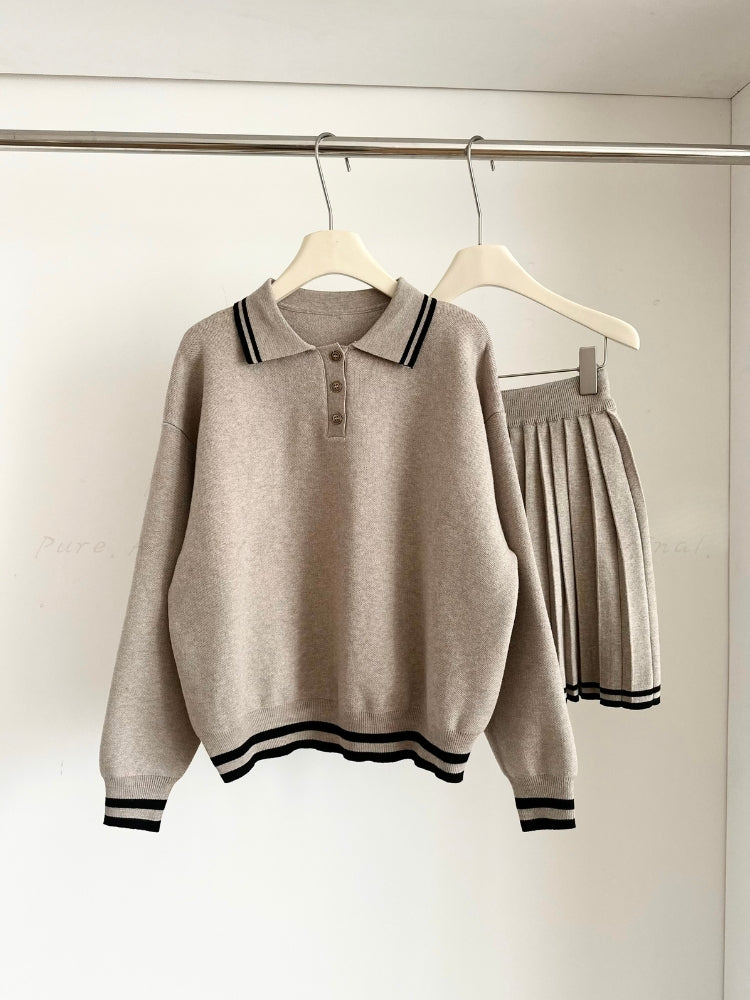 Relaxed Polo-Collar Sweatshirt & High-Waist Pleated Mini Skirt Set