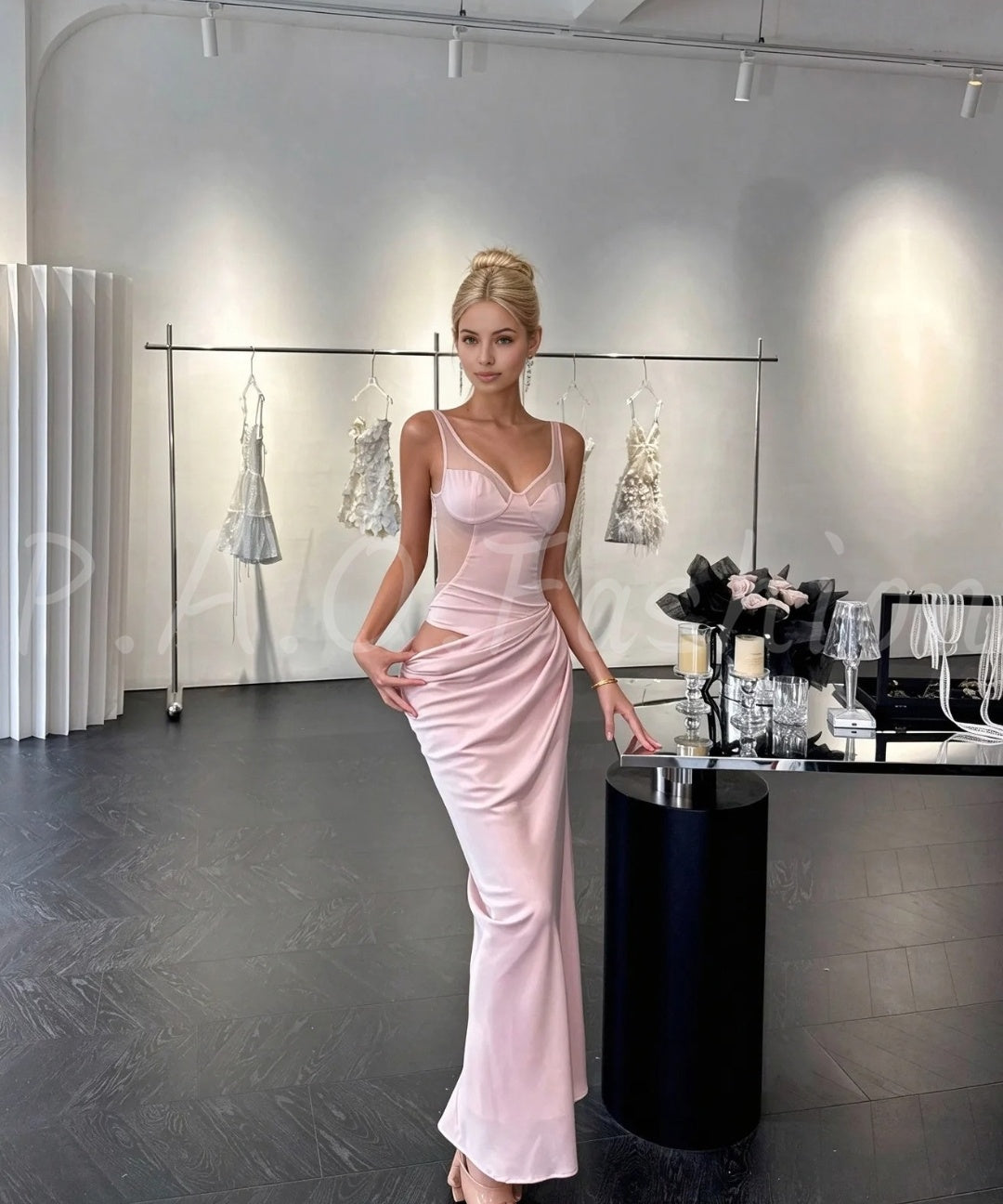 Soft Pink Satin Mesh Cutout Mermaid Gown