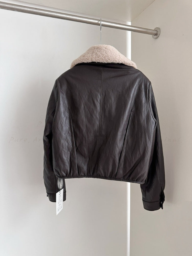Notched Collar Leather-Style Jacket